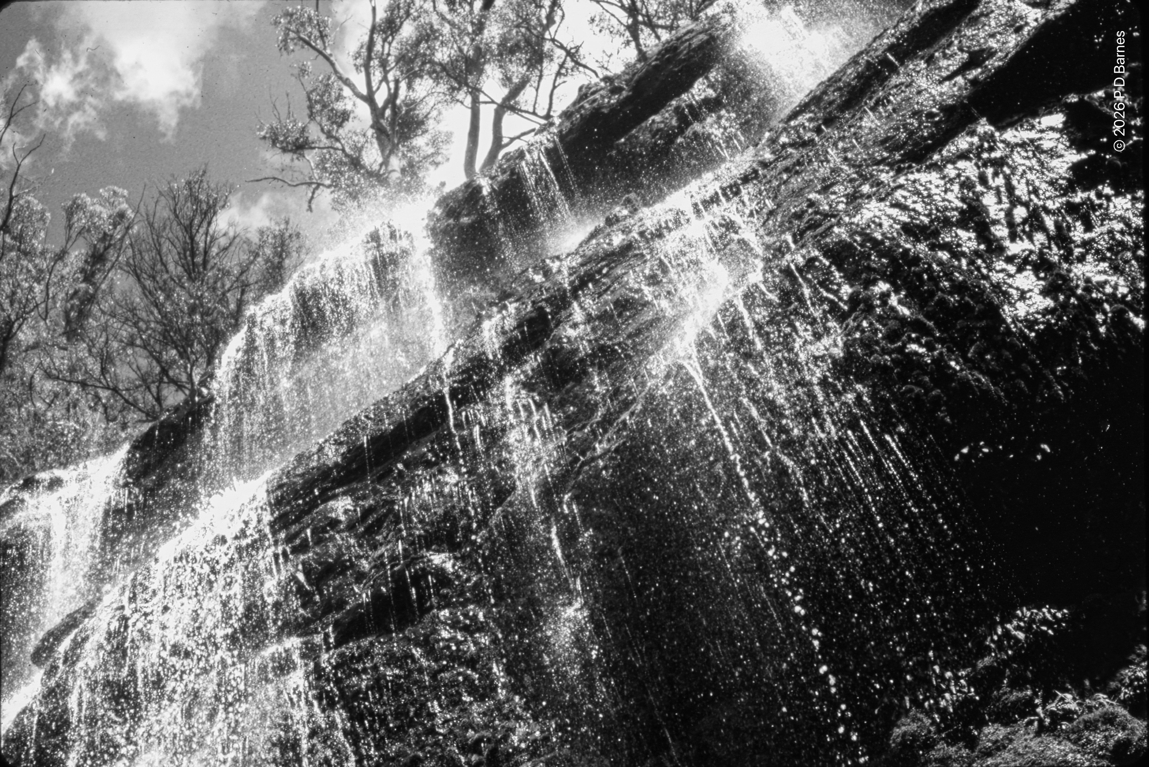 Looking up from the base of the main waterfall in Mt Field National Park
